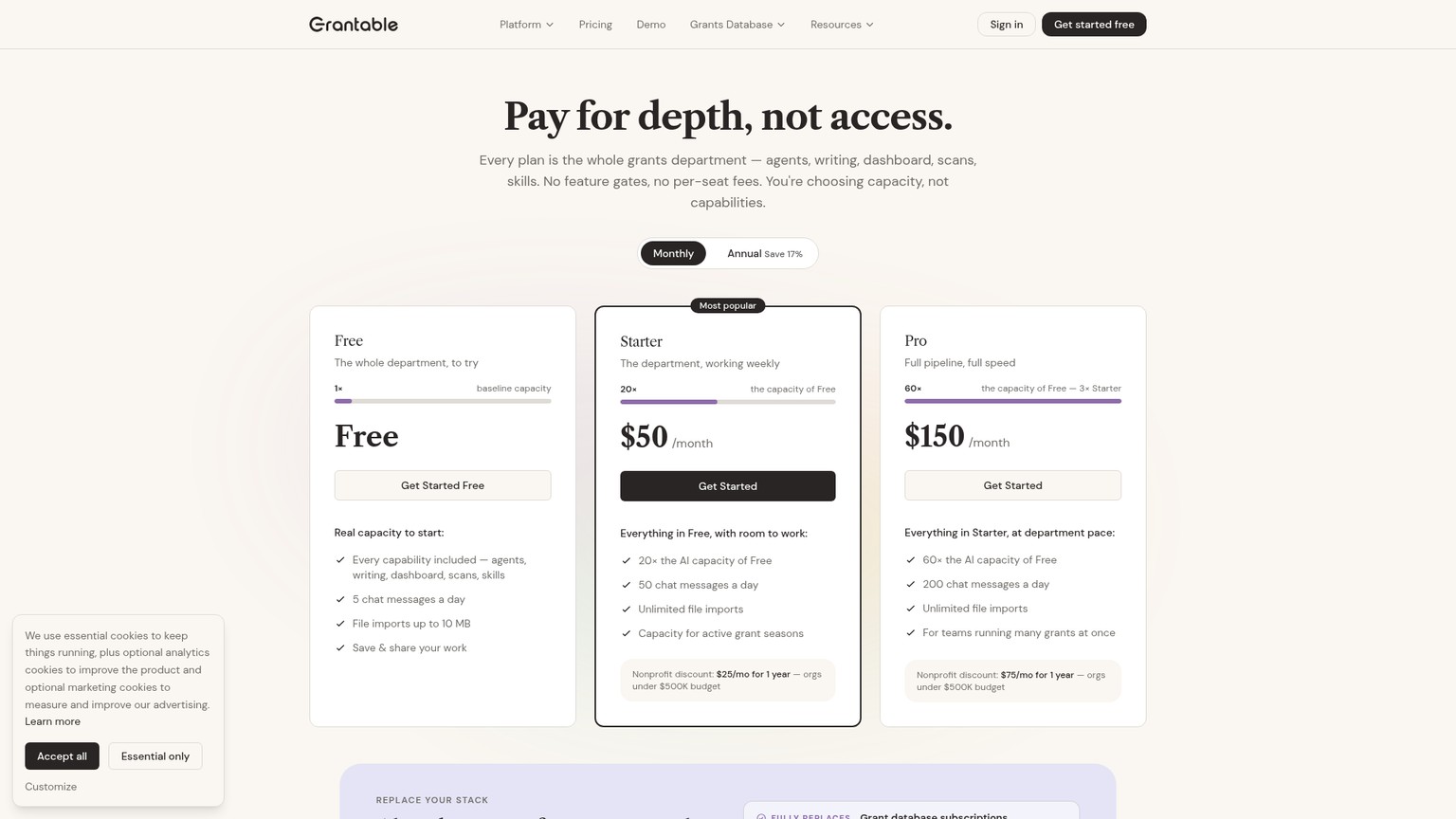 Grantable plan page showing Free, Starter, Pro, and nonprofit rates