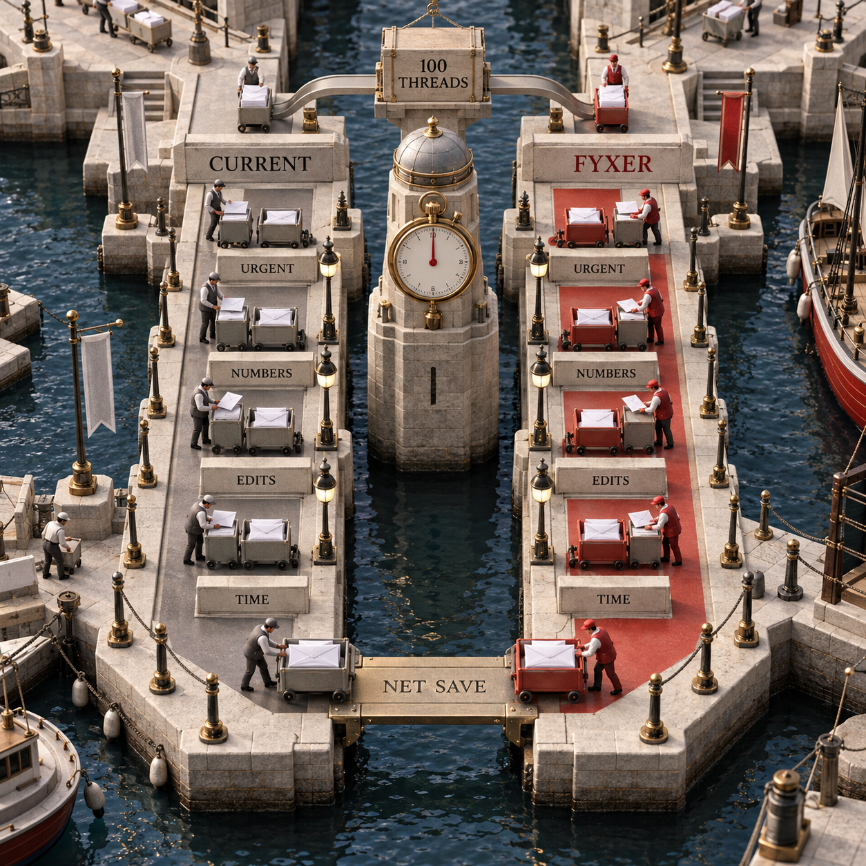 Before and after testing dock comparing the current workflow with Fyxer across 100 synthetic threads