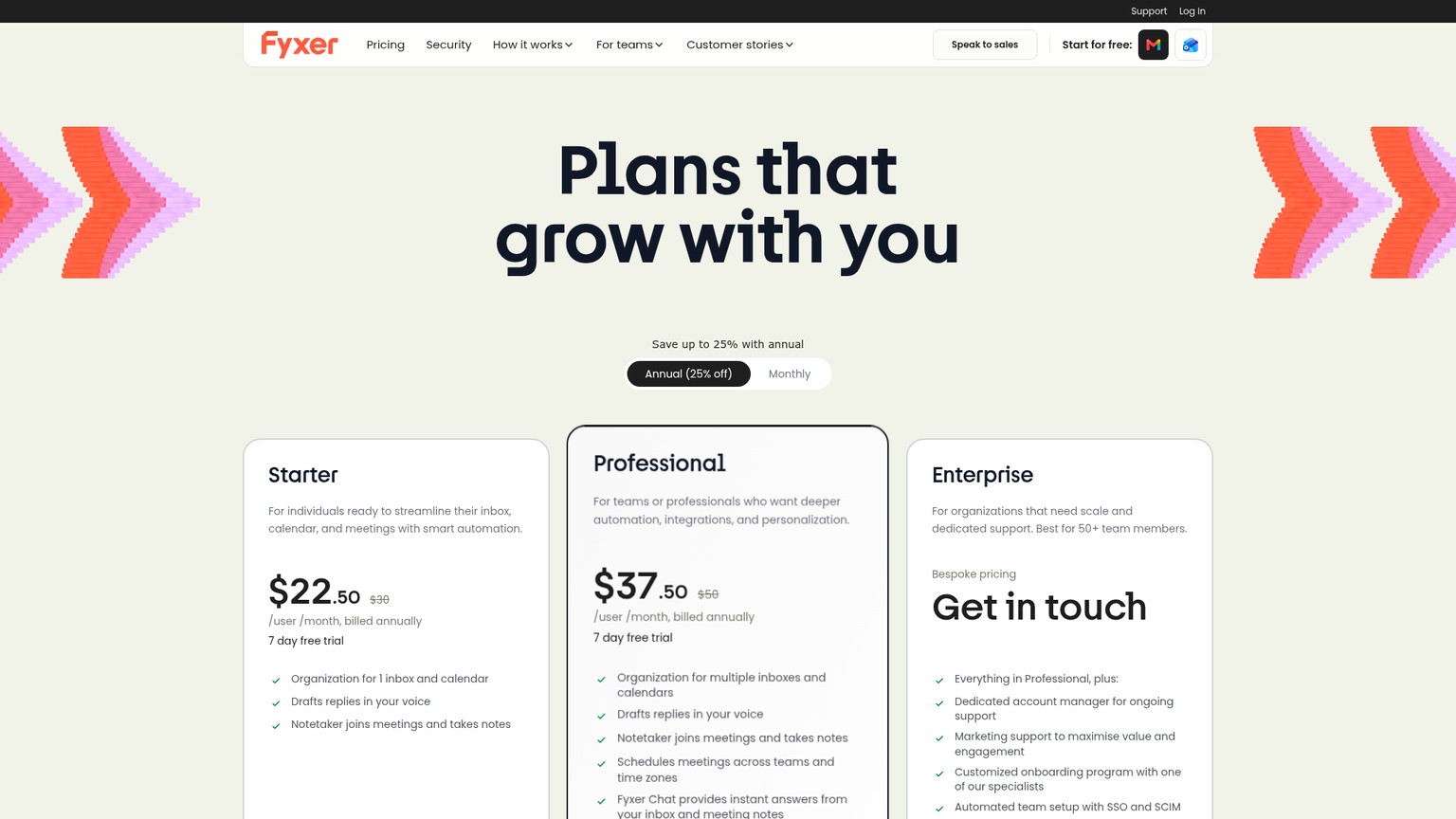 Fyxer pricing page showing Starter, Professional, and Enterprise plans