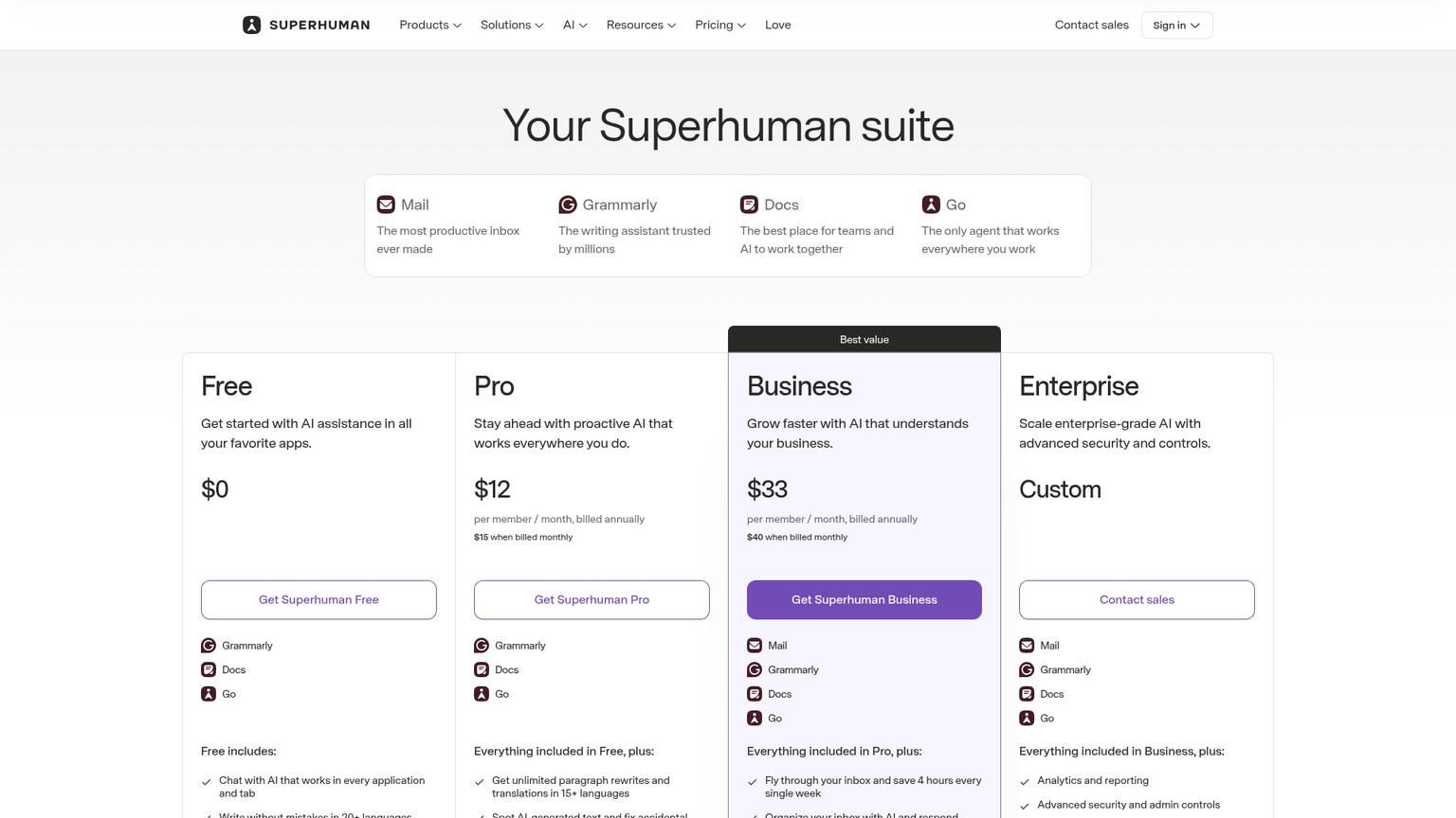Superhuman plans page showing Free, Pro, Business, and Enterprise pricing