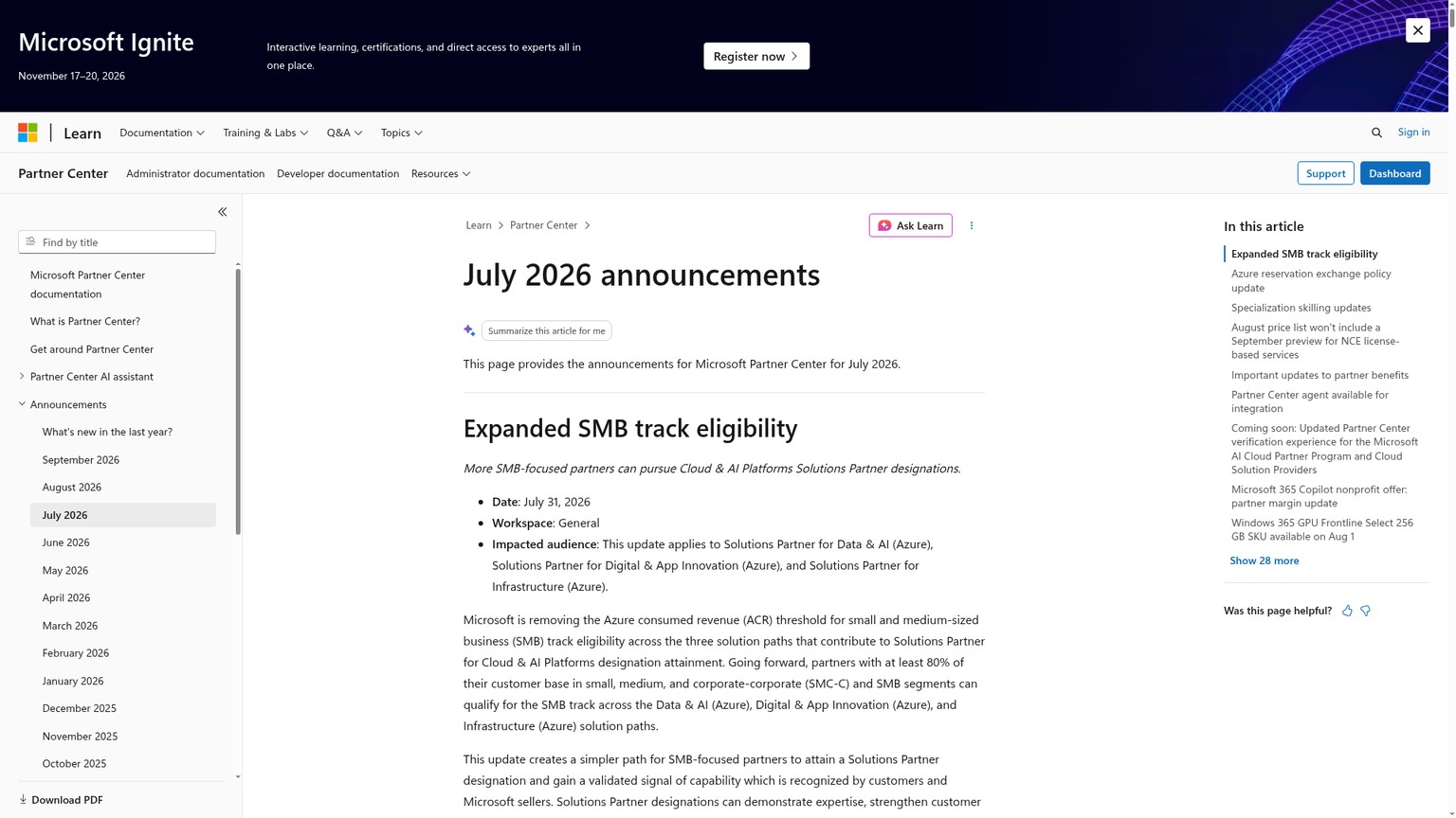 Microsoft's July 2026 Partner Center announcement showing the current Copilot Business promotion