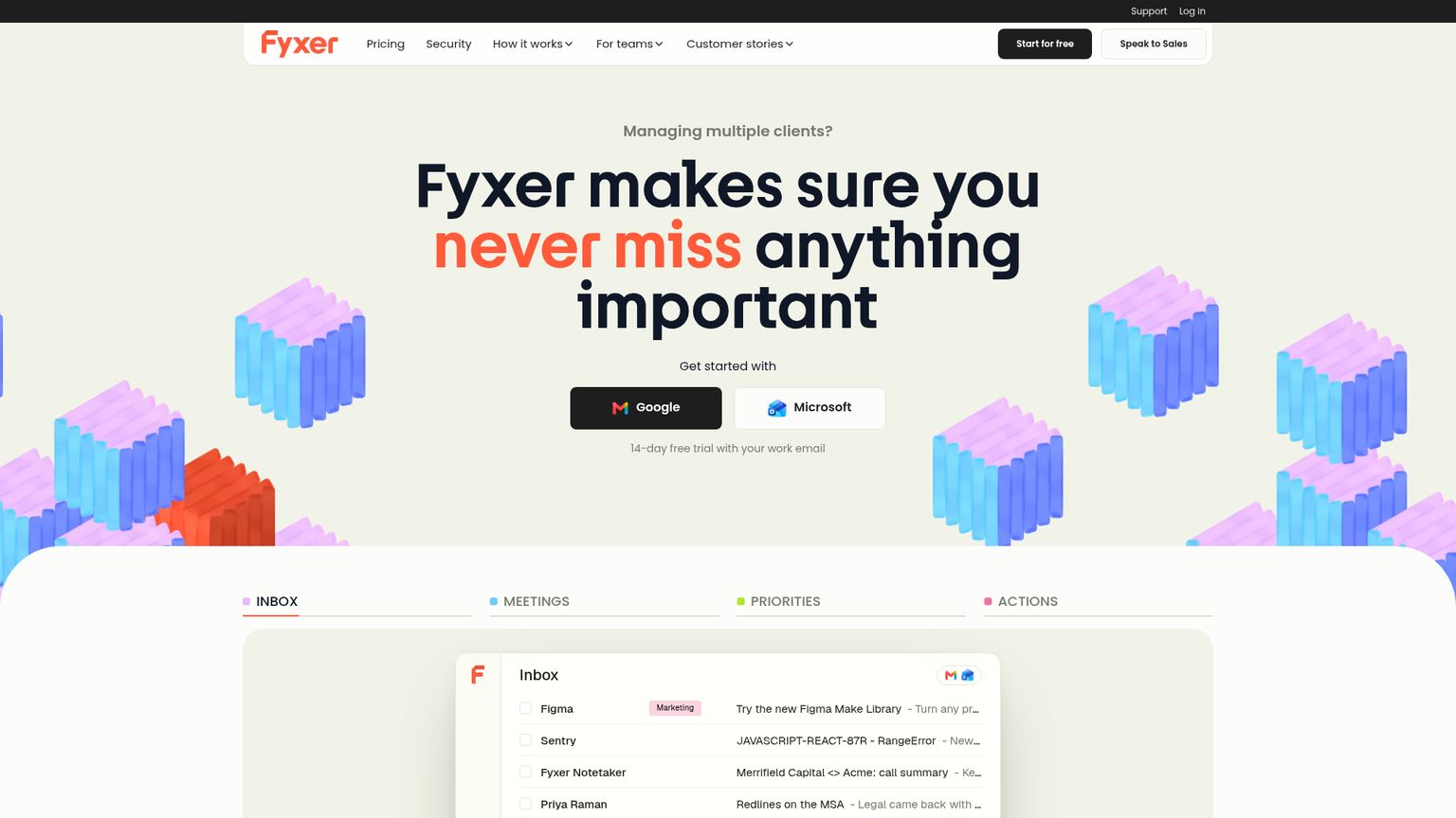 Fyxer's public homepage showing its email and meeting assistant