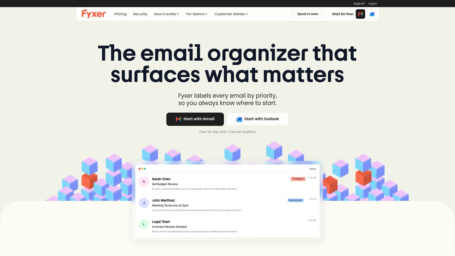 Fyxer's email organizer page explaining priority labeling