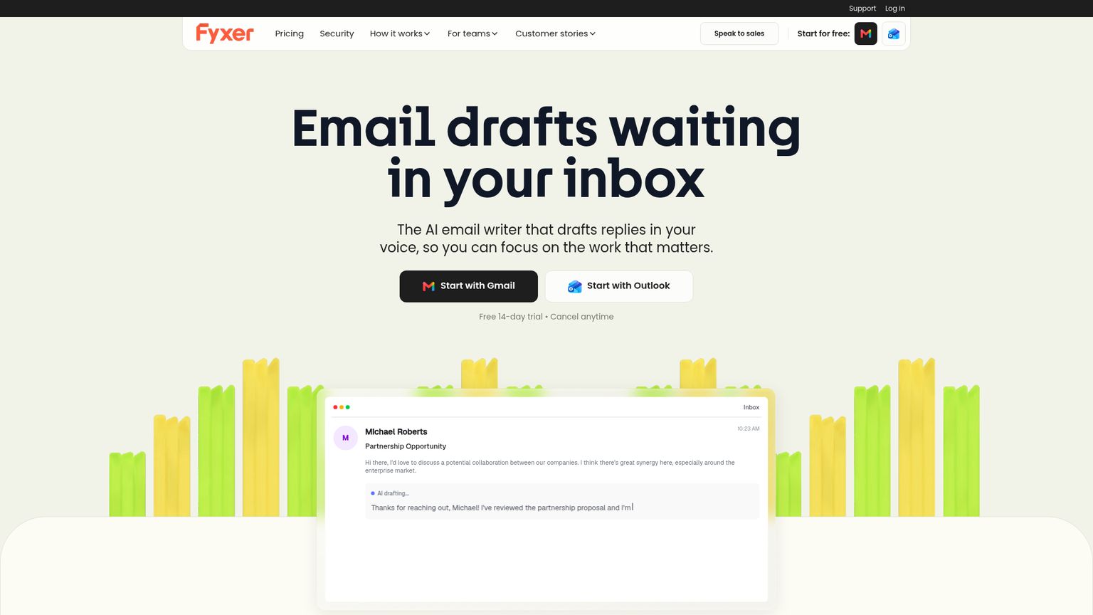 Fyxer's email writer page describing drafts in the user's voice