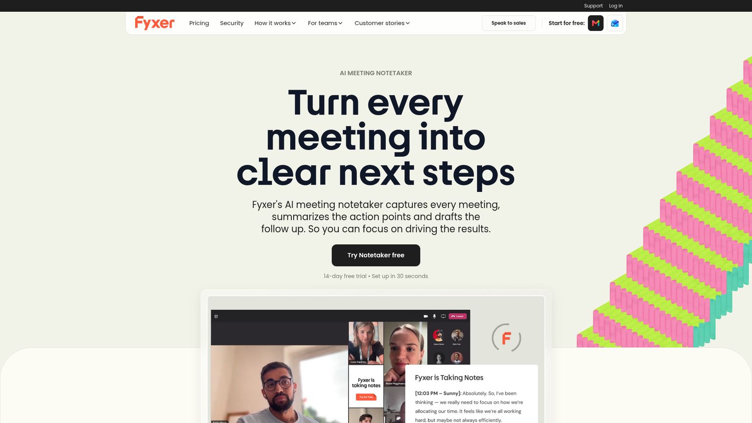 Fyxer's meeting notes page showing transcription and follow-up features