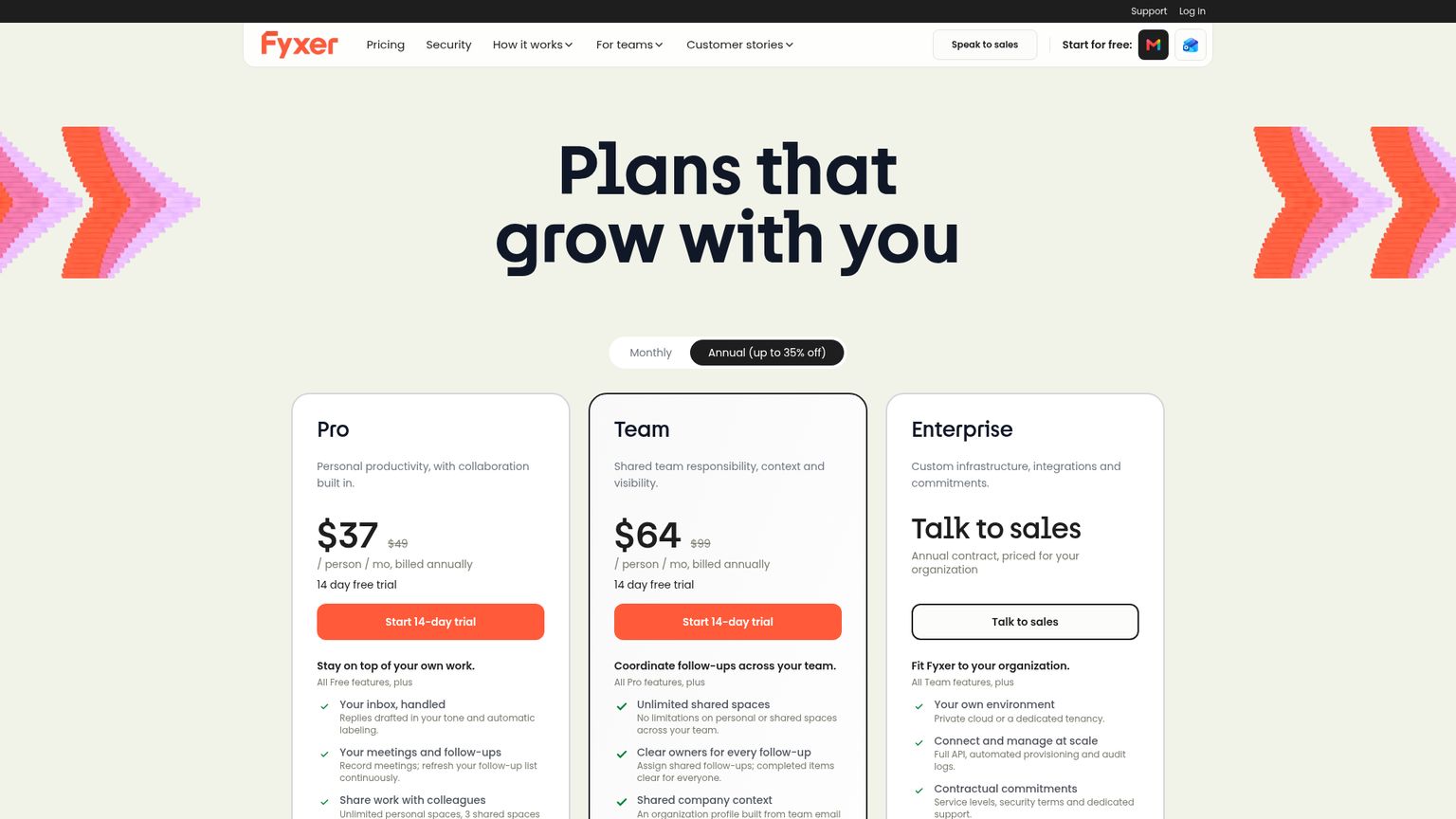 Fyxer's current pricing page with Pro, Team and Enterprise plans