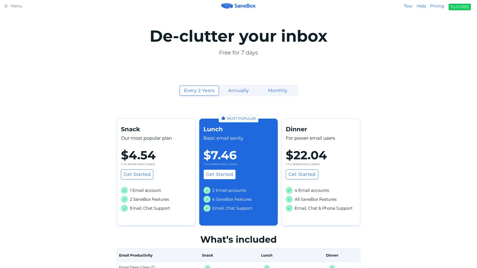SaneBox's pricing page showing Snack, Lunch and Dinner