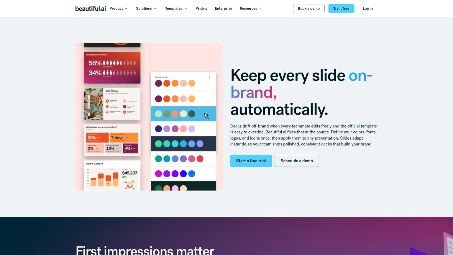 Pagina dei controlli del brand di Beautiful.ai con temi e risorse riutilizzabili per le presentazioni