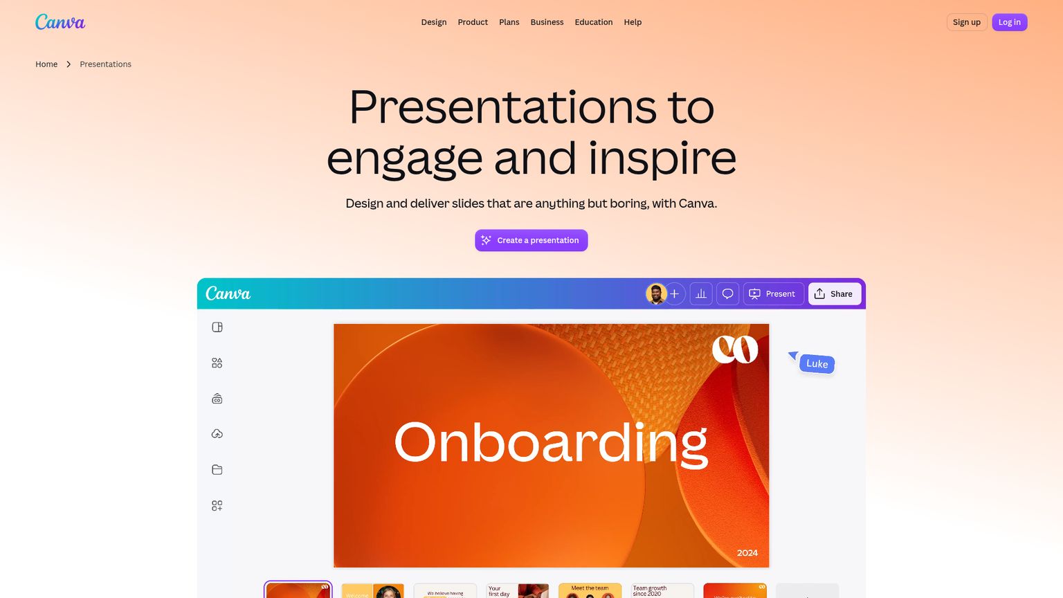 Pagina di Canva Presentations con creazione di presentazioni AI e modelli modificabili