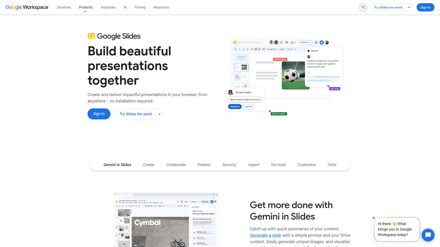 Pagina di Google Slides che illustra Gemini, i modelli e la modifica collaborativa