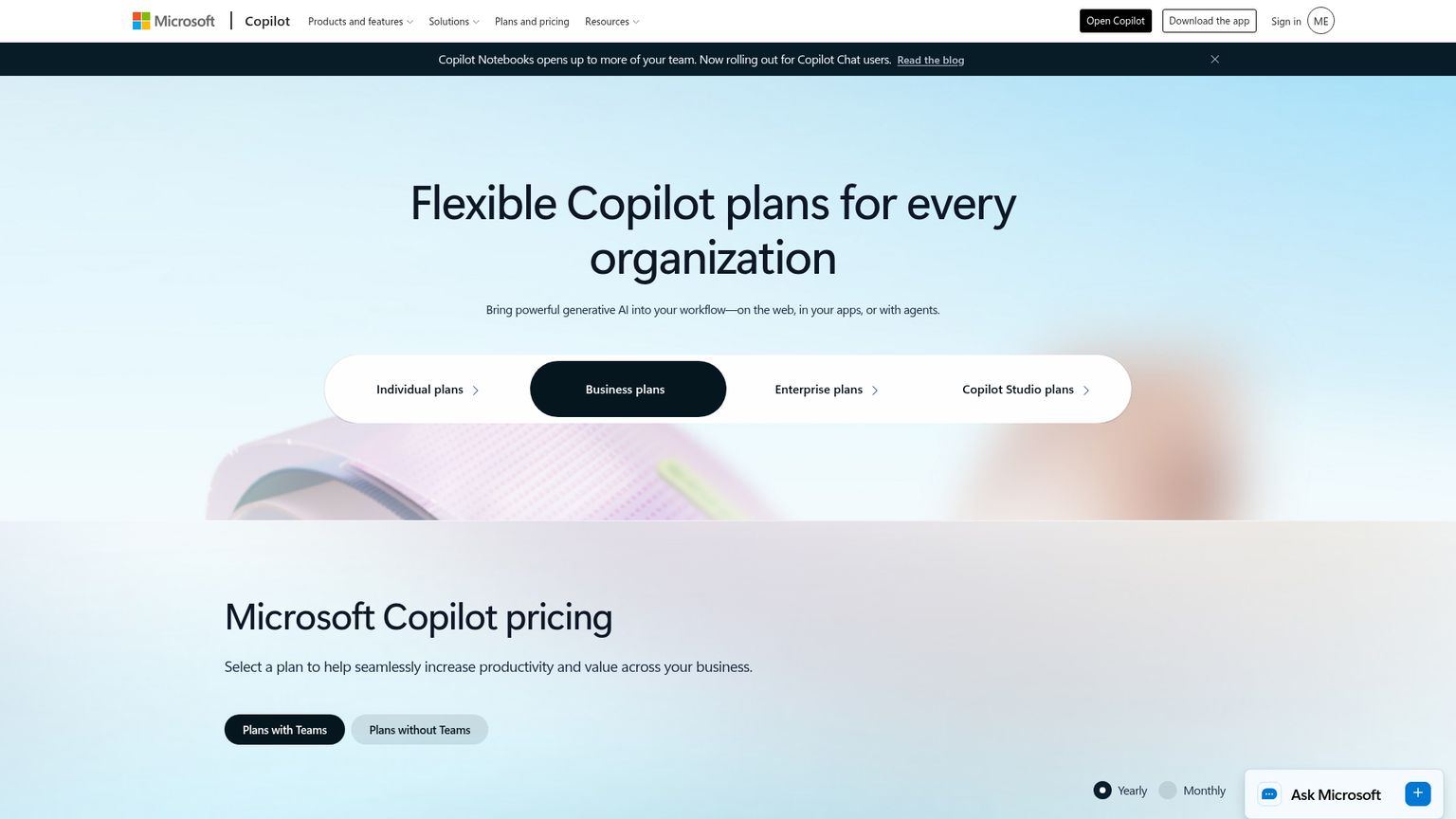 Pagina prezzi business di Microsoft Copilot con componenti aggiuntivi e pacchetti Microsoft 365