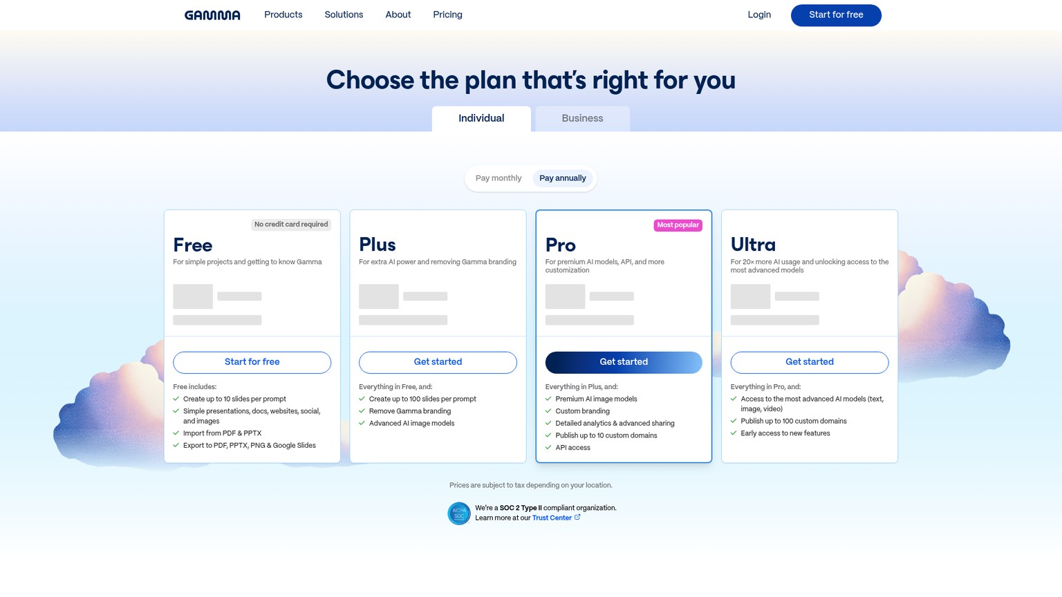 Page des tarifs de Gamma présentant les formules individuelles et l’option de facturation annuelle