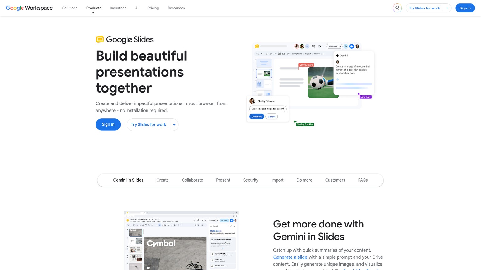 Page officielle de Google Slides présentant son éditeur de présentations dans le navigateur
