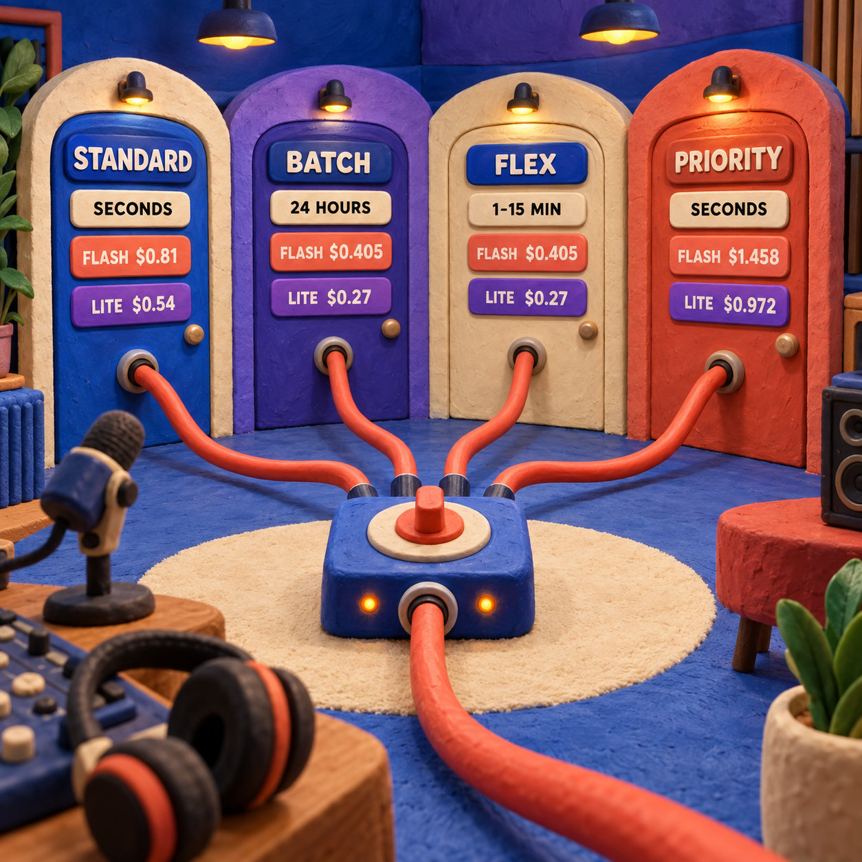 音声ジョブをStandard、Batch、Flex、Priorityの各経路へ振り分けるクレイの録音スタジオ