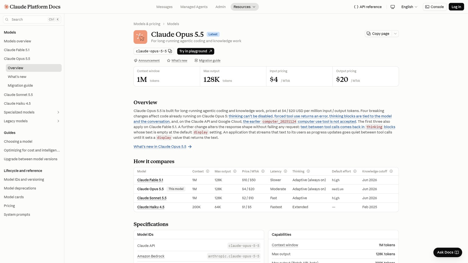 Anthropic's Claude Opus 5.5 documentation showing base prices and active platforms