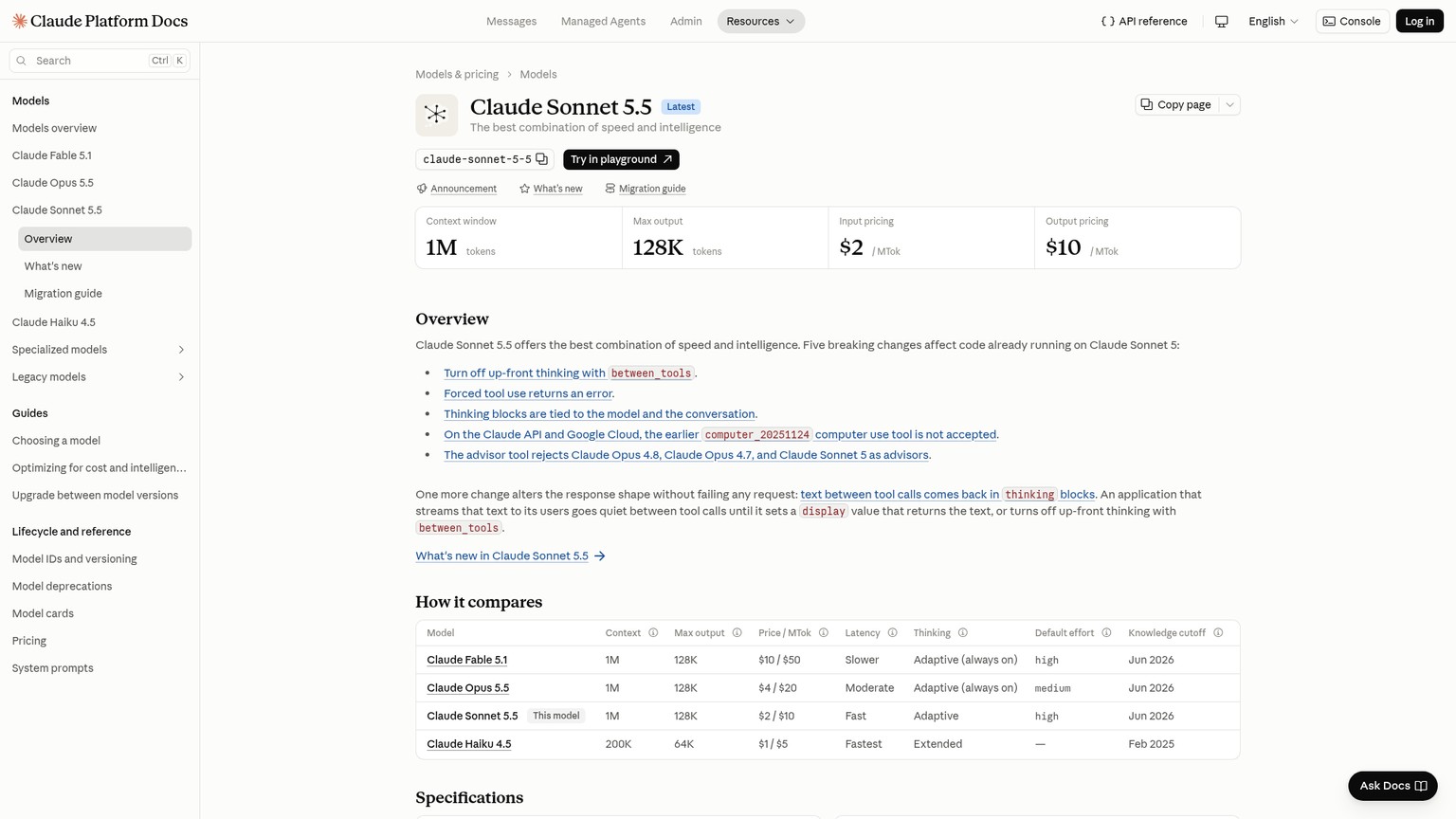 Anthropic's Claude Sonnet 5.5 documentation showing base prices and availability