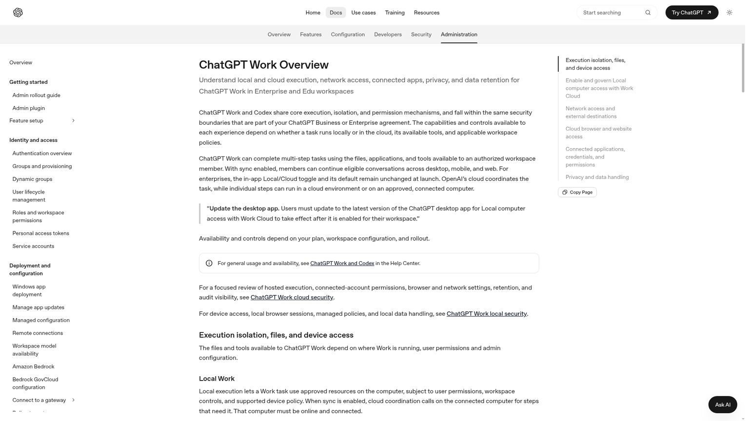 Documentación empresarial de OpenAI sobre la ejecución de ChatGPT Work y los permisos de las cuentas conectadas