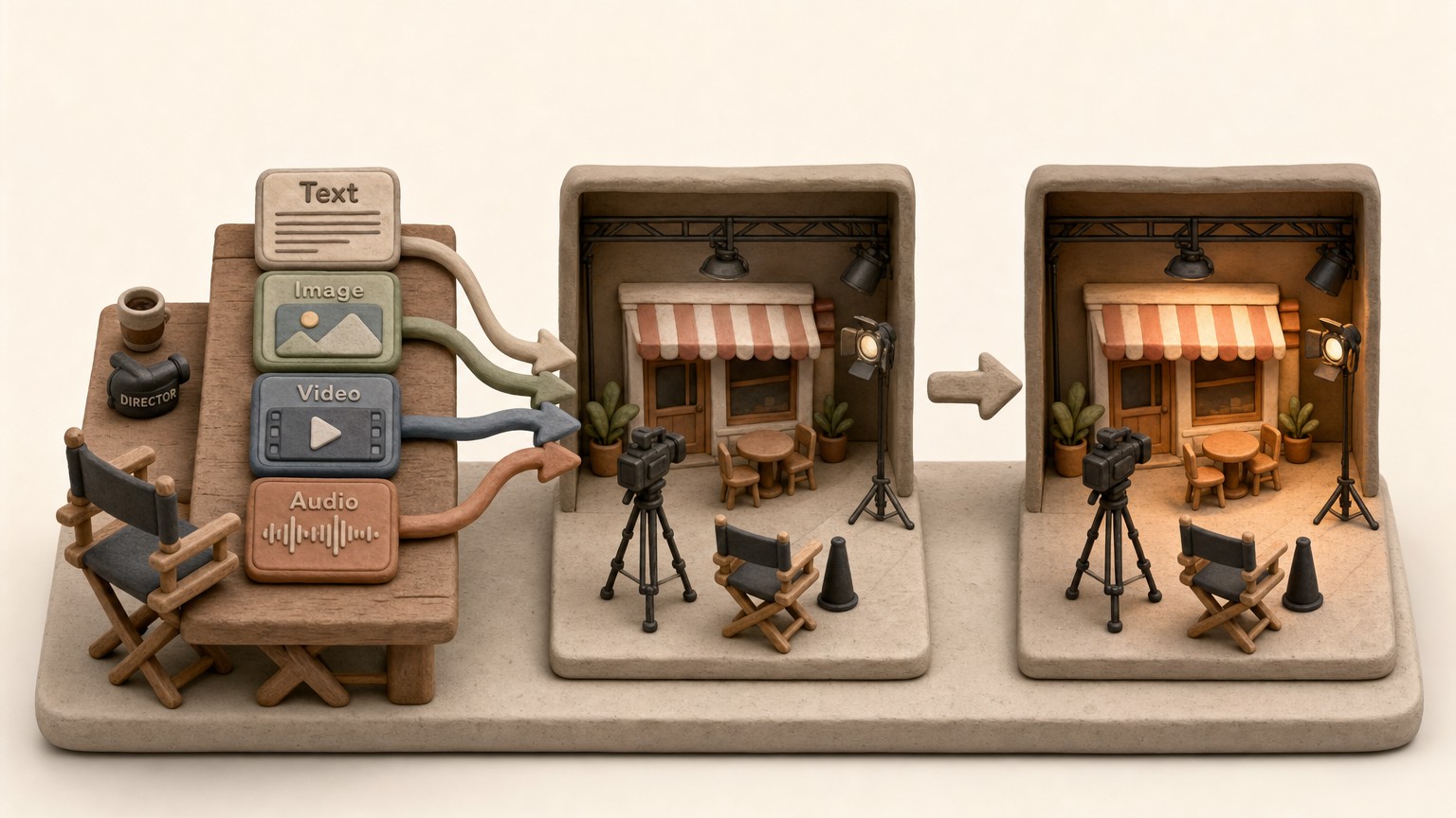 Clay diorama showing text, image, video and audio inputs becoming an edited video scene