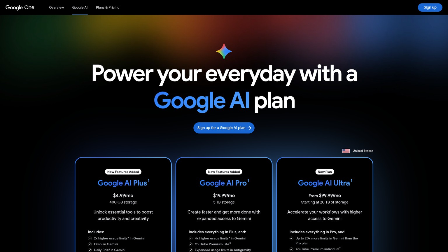 Pagina dei piani tariffari Google AI Plus Pro e Ultra