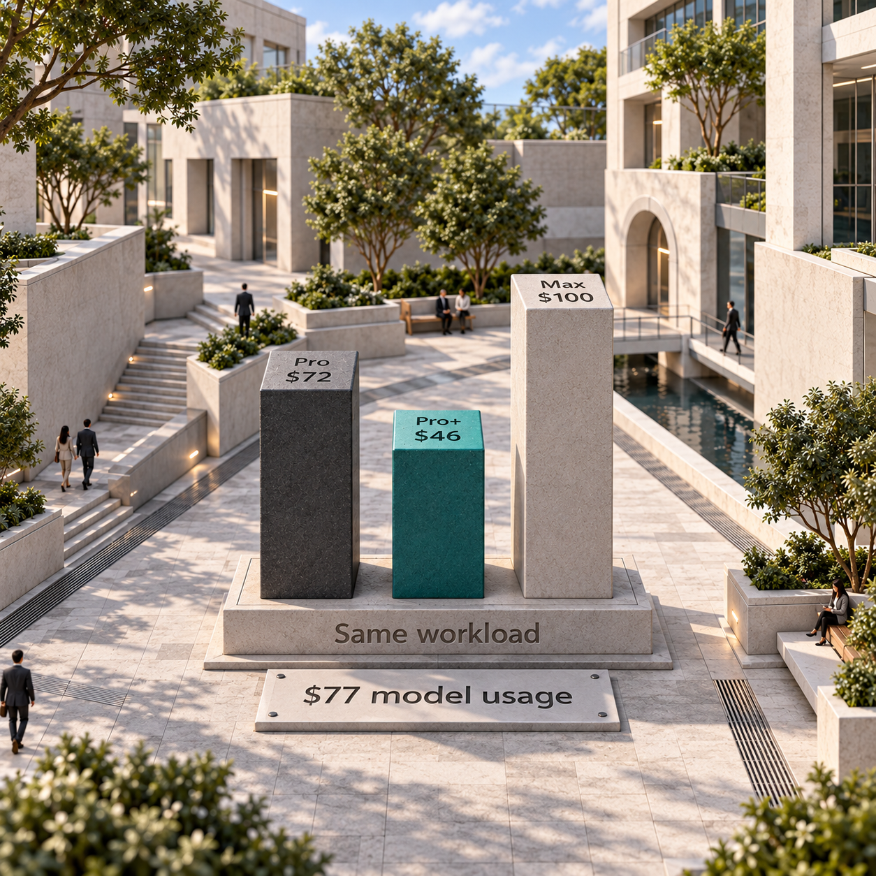 Three architectural columns comparing Pro at $72, Pro+ at $46 and Max at $100 for the same hypothetical $77 model workload