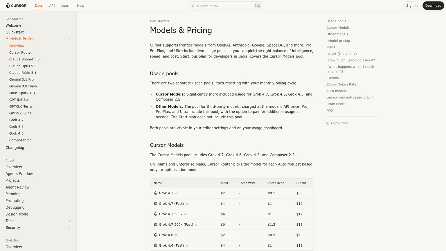 Cursor's live model and usage-pool pricing documentation
