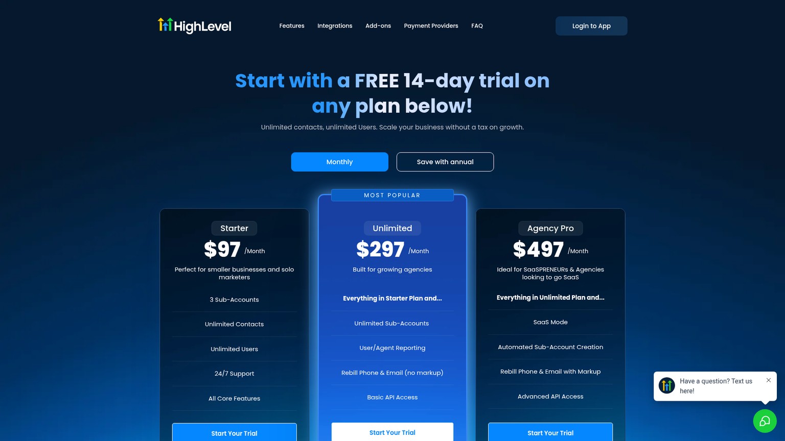 GoHighLevel pricing page showing the Starter, Unlimited, and Agency Pro plans
