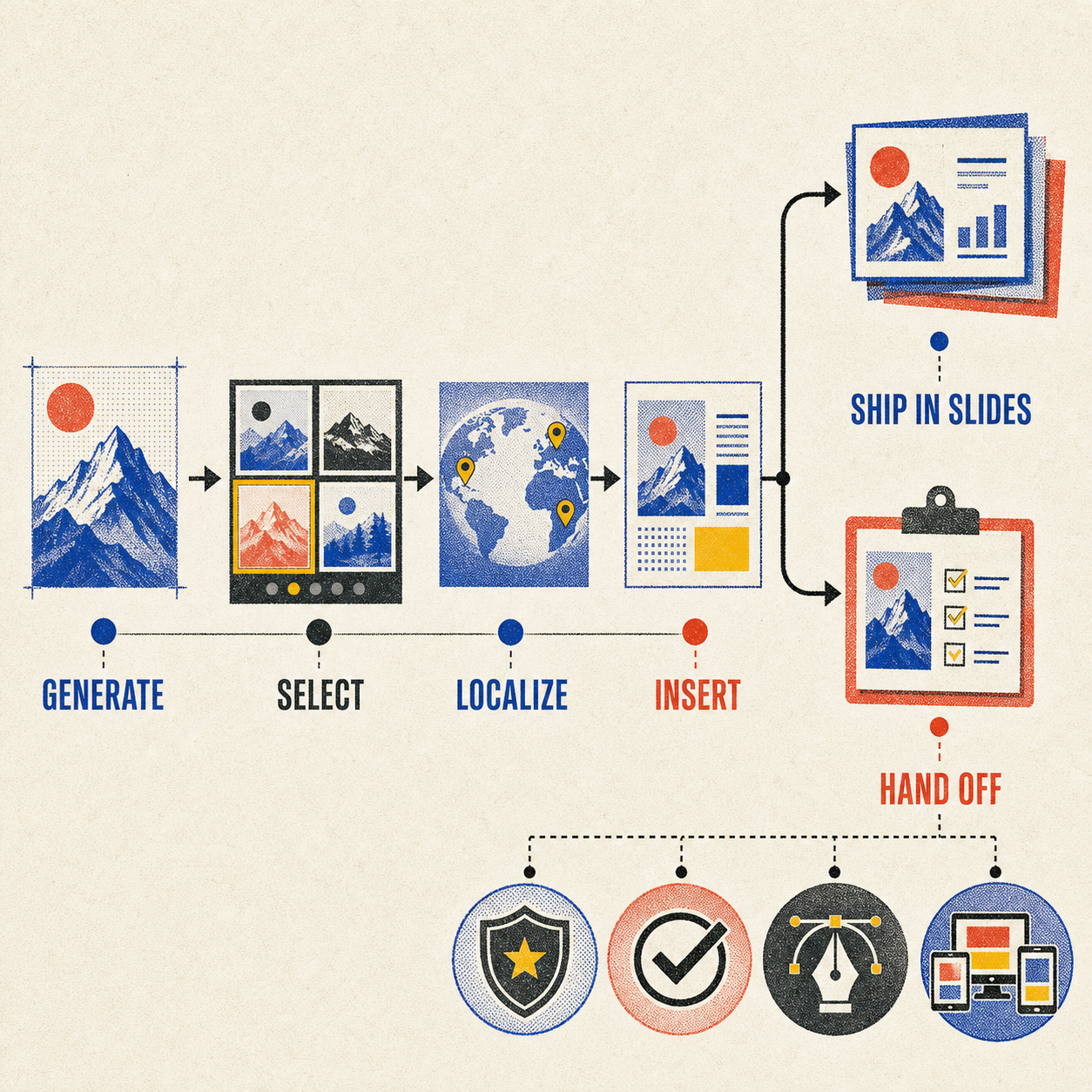 Google Pics workflow from generation through object selection, localization, and Slides handoff