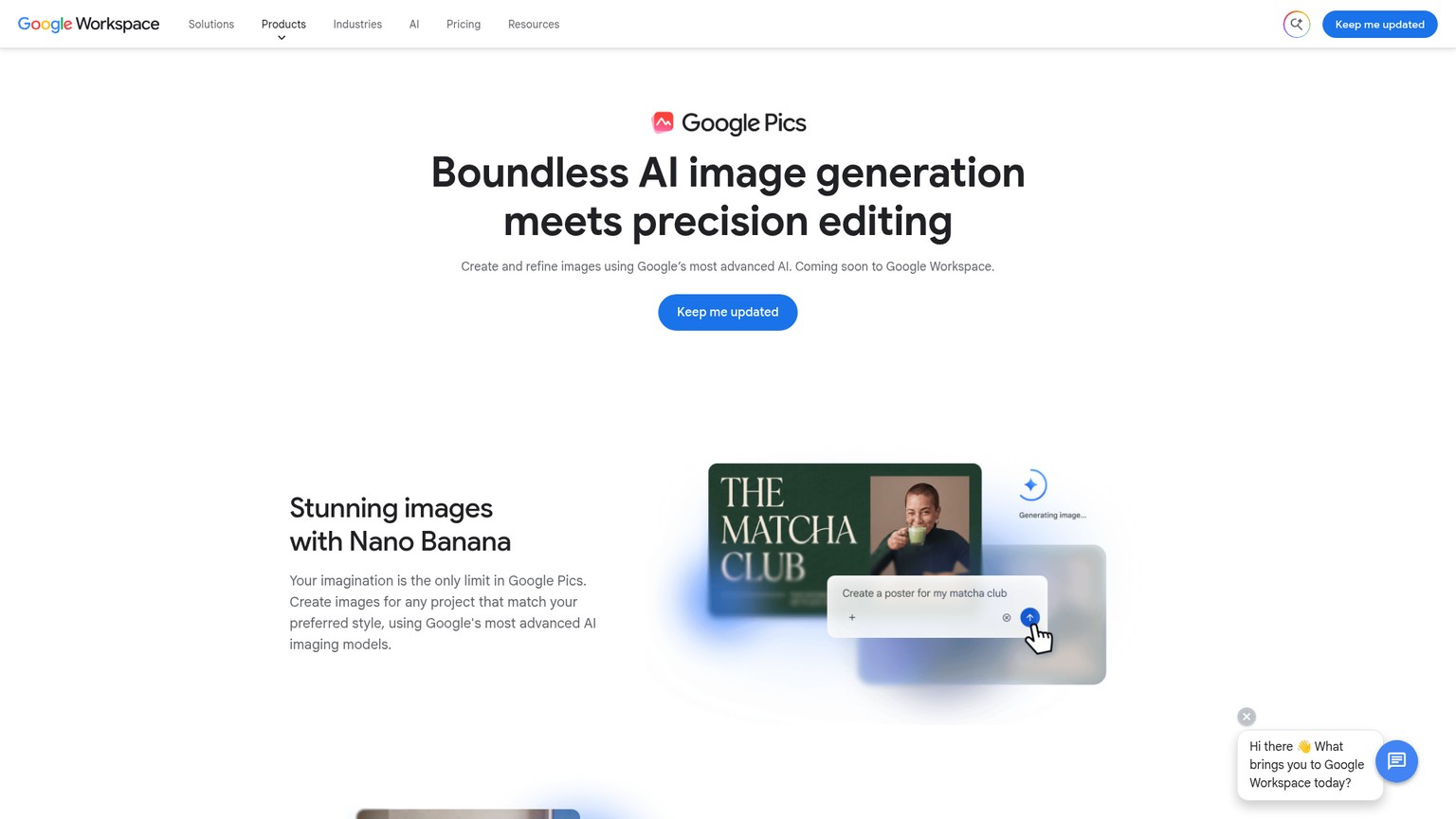 Google Pics product page showing AI image generation and object editing