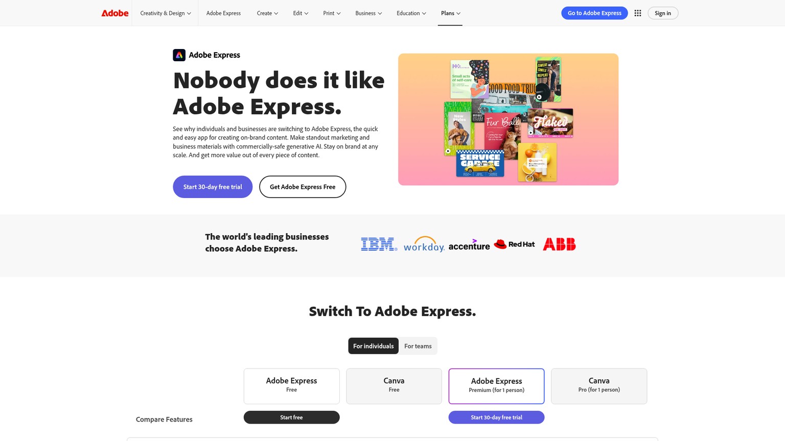 Adobe Express business features and comparison page