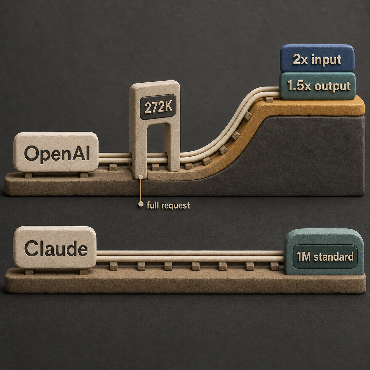 Two-lane diagram showing OpenAI's price increase after 272K input while Claude stays at standard rates to 1M