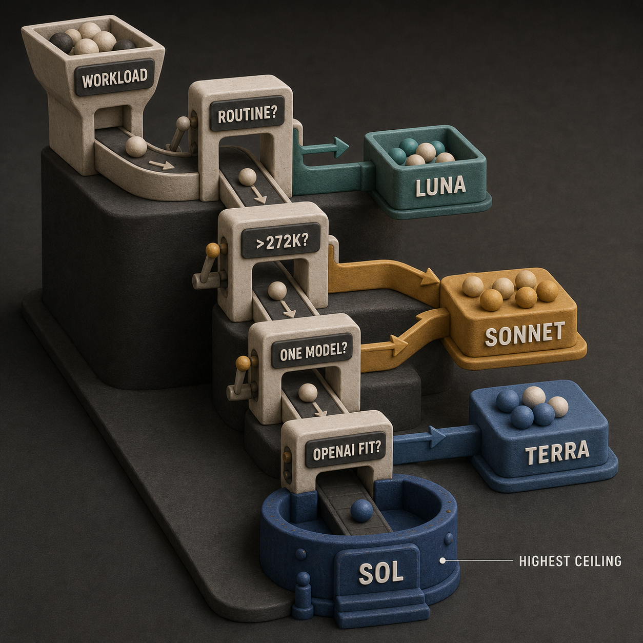 Decision flow routing routine work to Luna, one-model and long-context work to Sonnet, OpenAI-balanced work to Terra, and highest-ceiling work to Sol