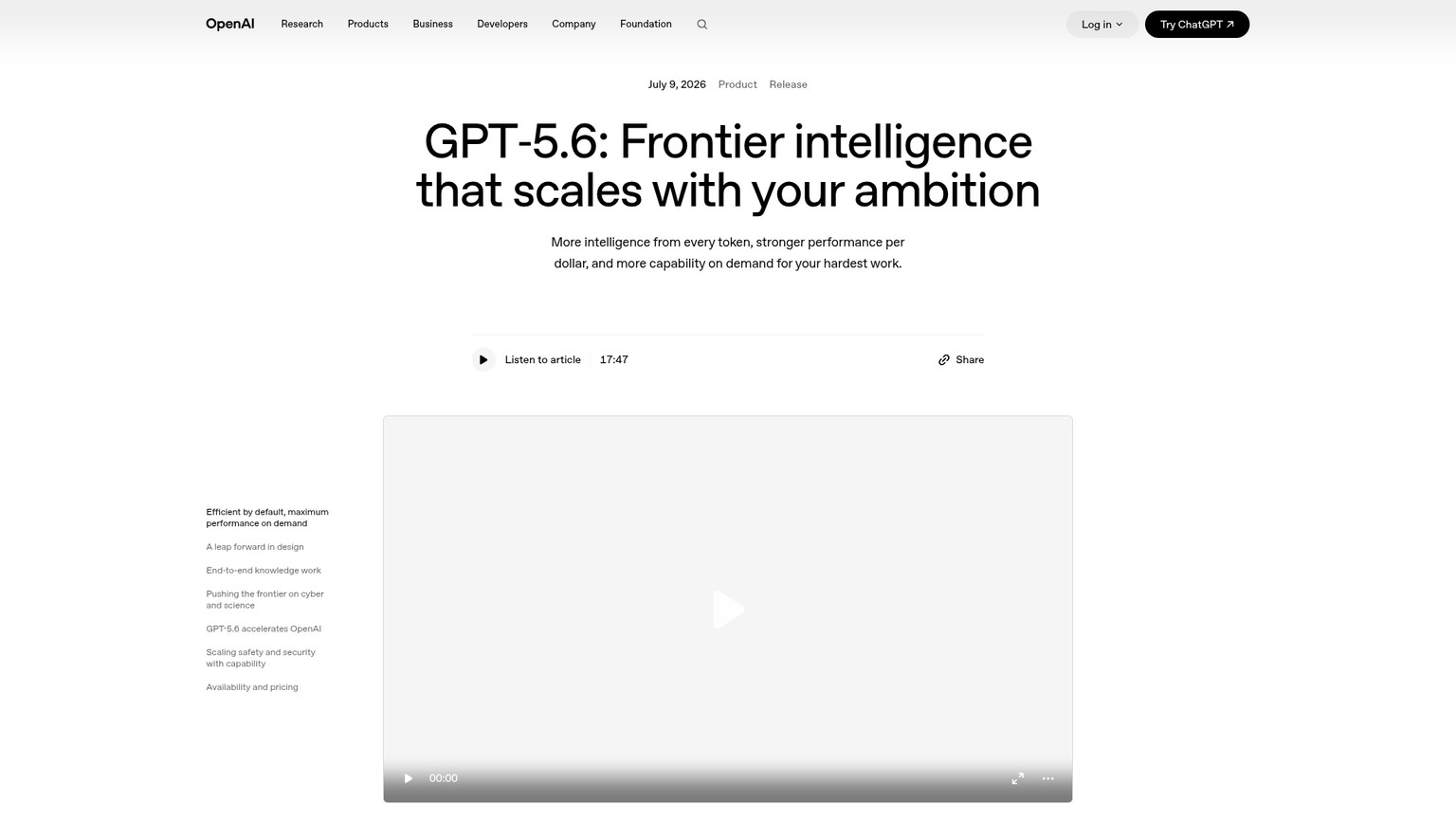 OpenAI GPT-5.6 launch page with Sol, Terra, and Luna