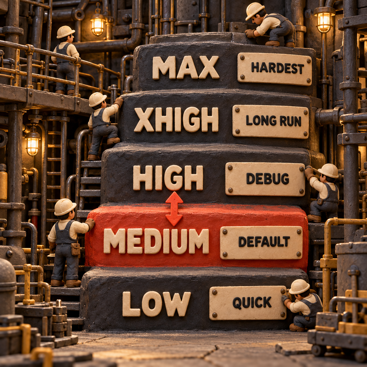 سلم استدلال طيني من خمسة مستويات تحمل تسميات Low وMedium وHigh وXHigh وMax، ولكل مستوى مهمة مختلفة