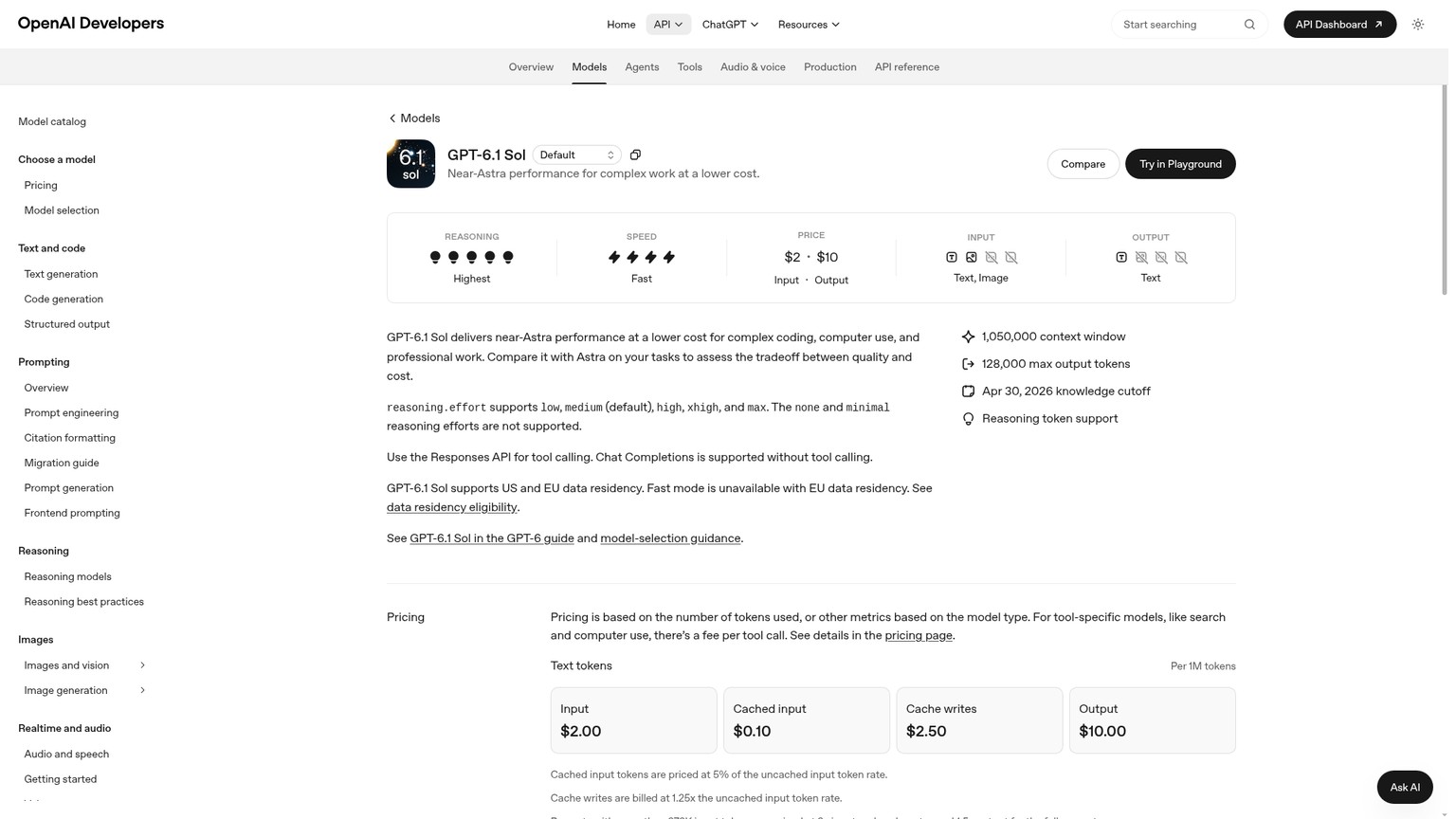 OpenAI GPT-6.1 Sol model documentation page