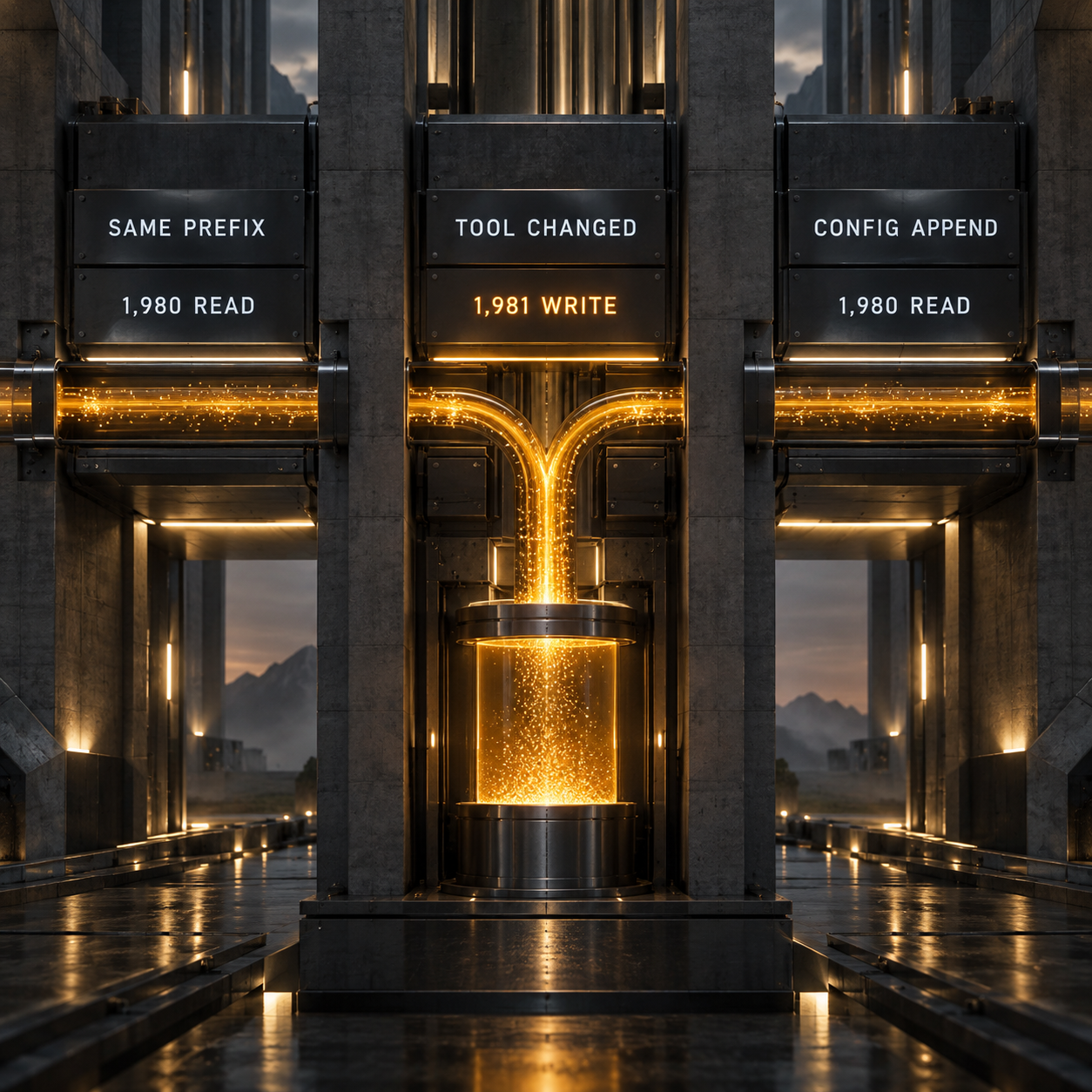 Architectural comparison of the same-prefix cache read, the tool-change cache write, and the configuration-update cache read