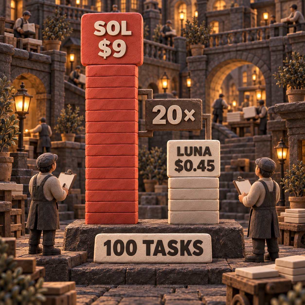 Clay column chart comparing $9 for GPT-6 Sol with $0.45 for GPT-6 Luna across 100 identical tasks