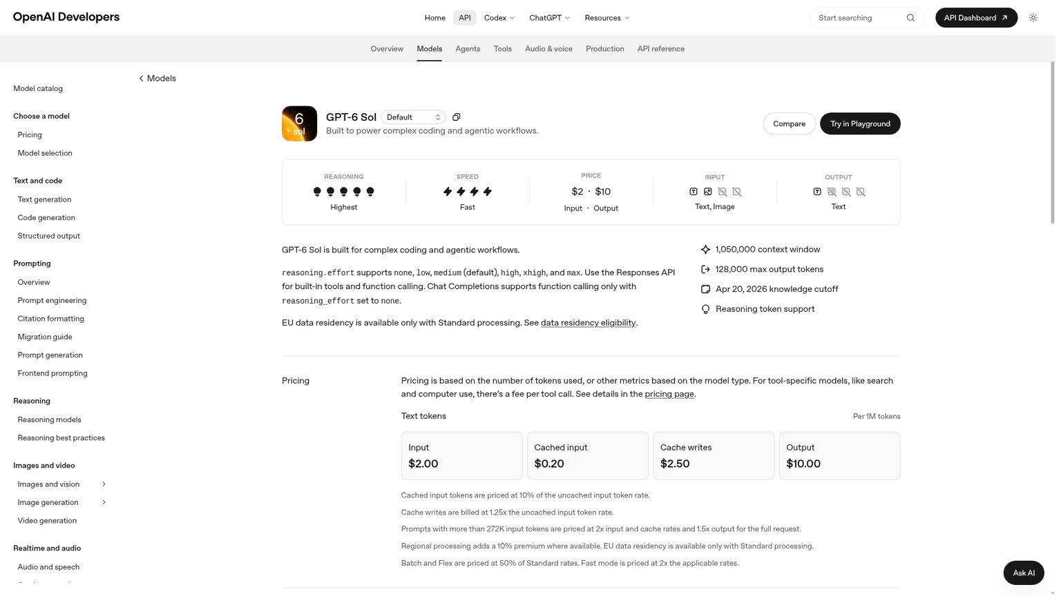 OpenAI GPT-6 Sol model documentation showing pricing, context, and capabilities