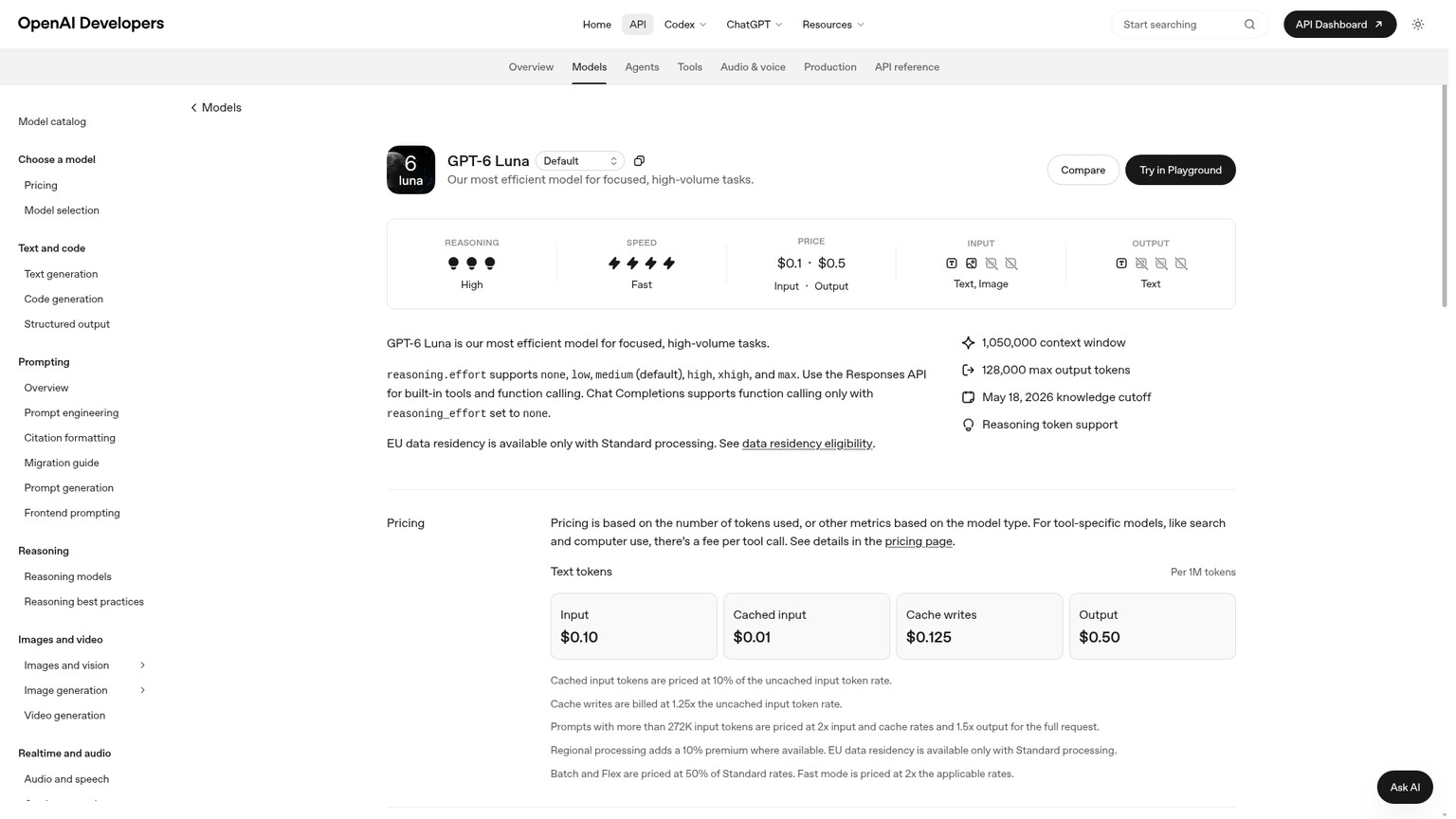 OpenAI GPT-6 Luna model documentation showing pricing, context, and capabilities