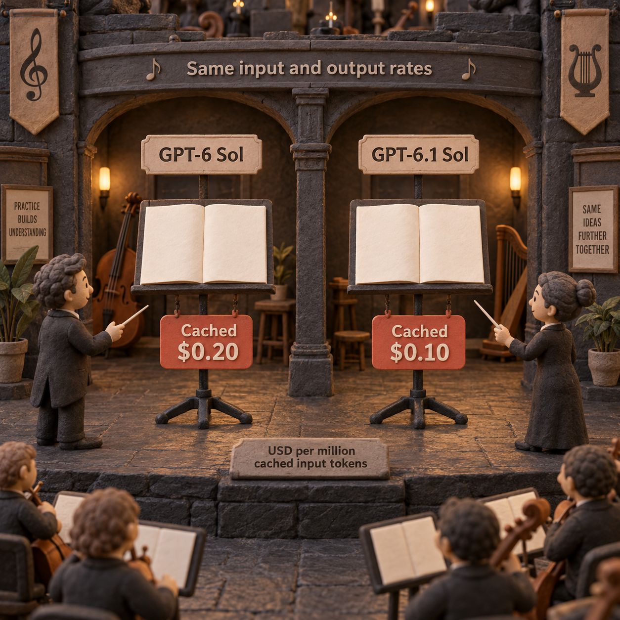 Two clay music stands compare cached input at $0.20 for GPT-6 Sol and $0.10 for GPT-6.1 Sol per million tokens while ordinary input and output rates stay equal