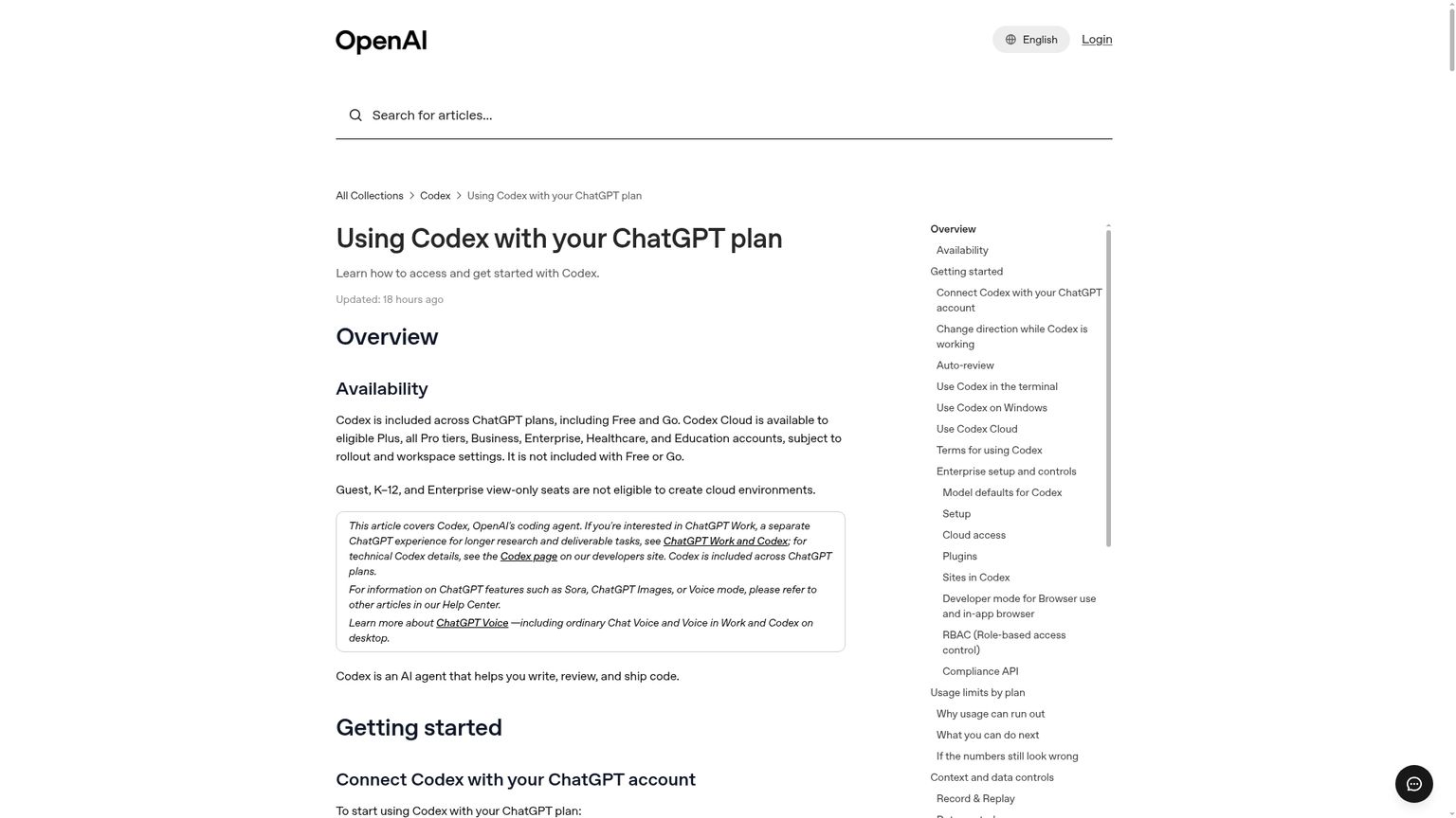 OpenAI Help Center documentation for Codex availability and ChatGPT sign-in