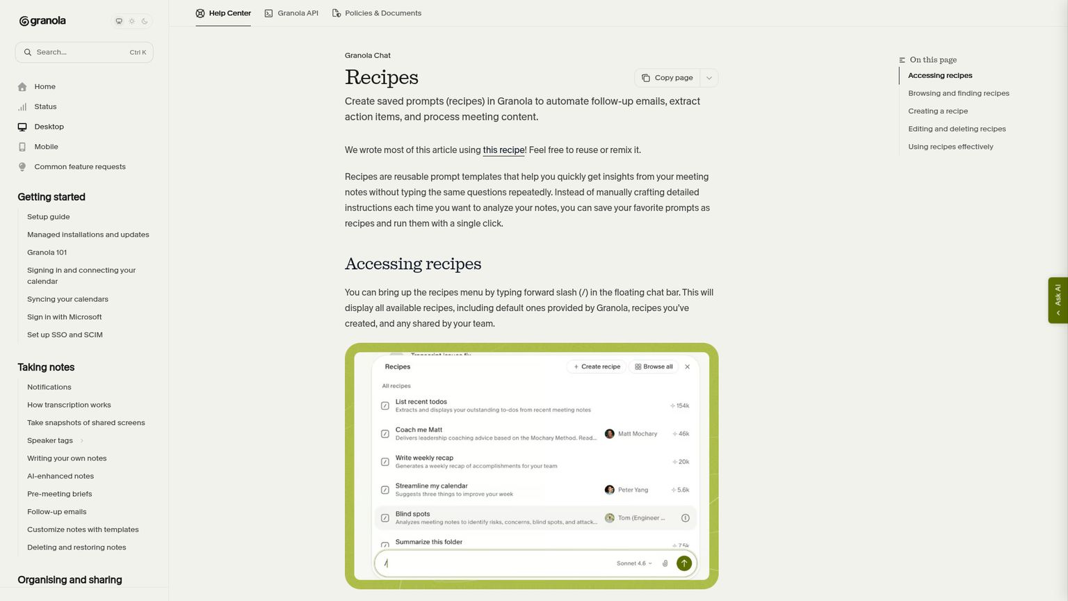 Granola's recipes documentation explaining saved prompts and meeting contexts