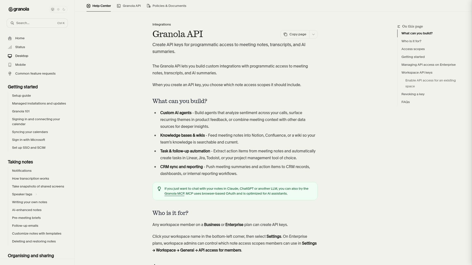 Granola's API help page explaining personal, public and workspace access