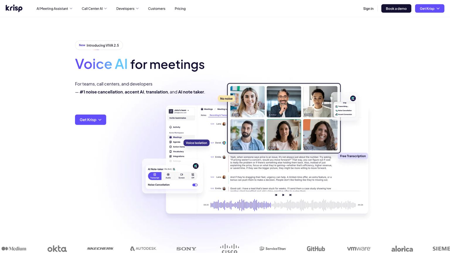 Krisp's public AI meeting assistant page showing audio and meeting features