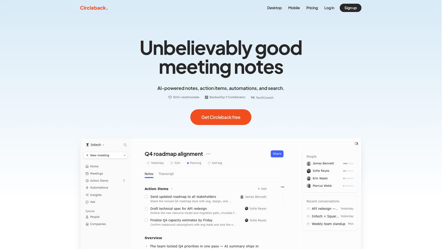 Circleback's public meeting assistant page with automation examples