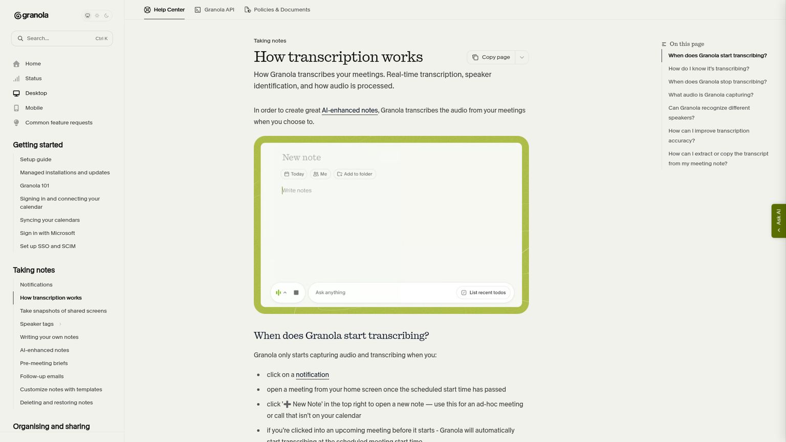 Granola's documentation showing how transcription starts and stops