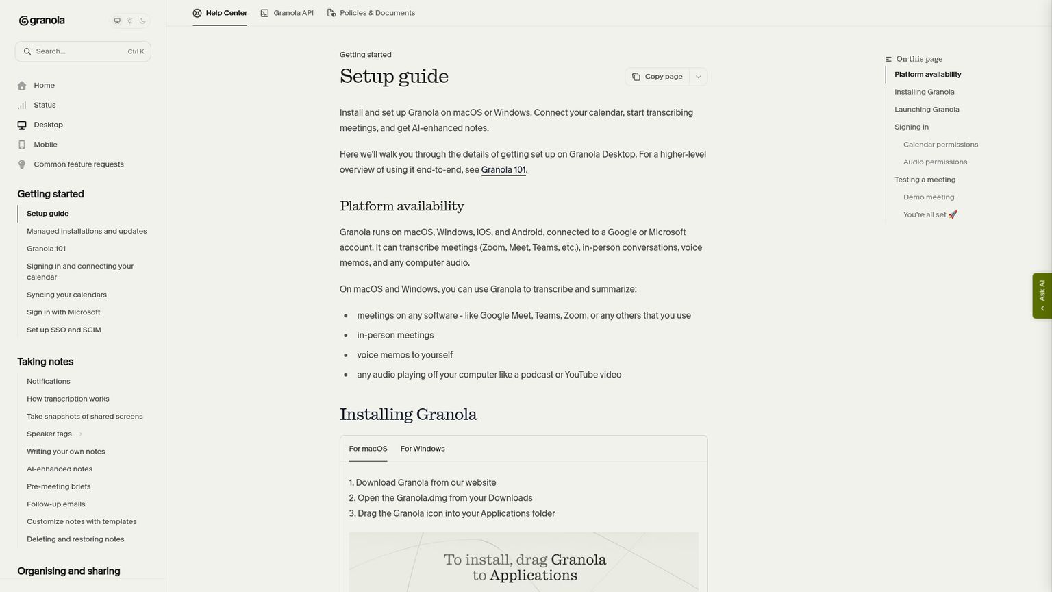 Granola's public desktop setup guide with account and audio permissions