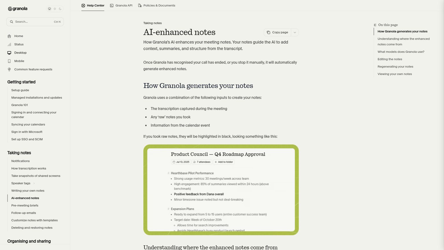 Granola's enhanced-notes help page showing original notes and source inspection