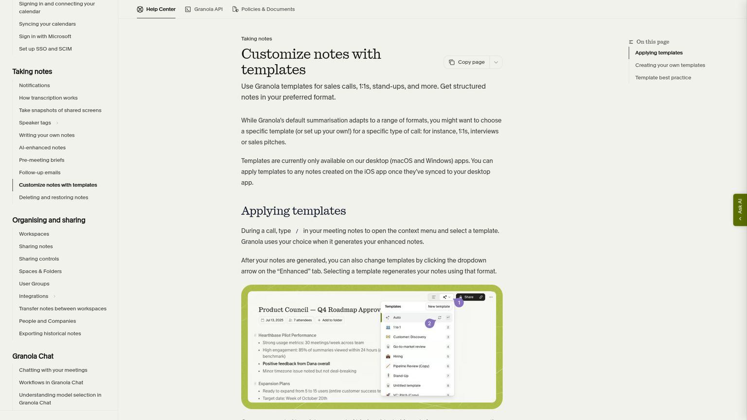 Granola's template documentation showing how to select and customize note structures