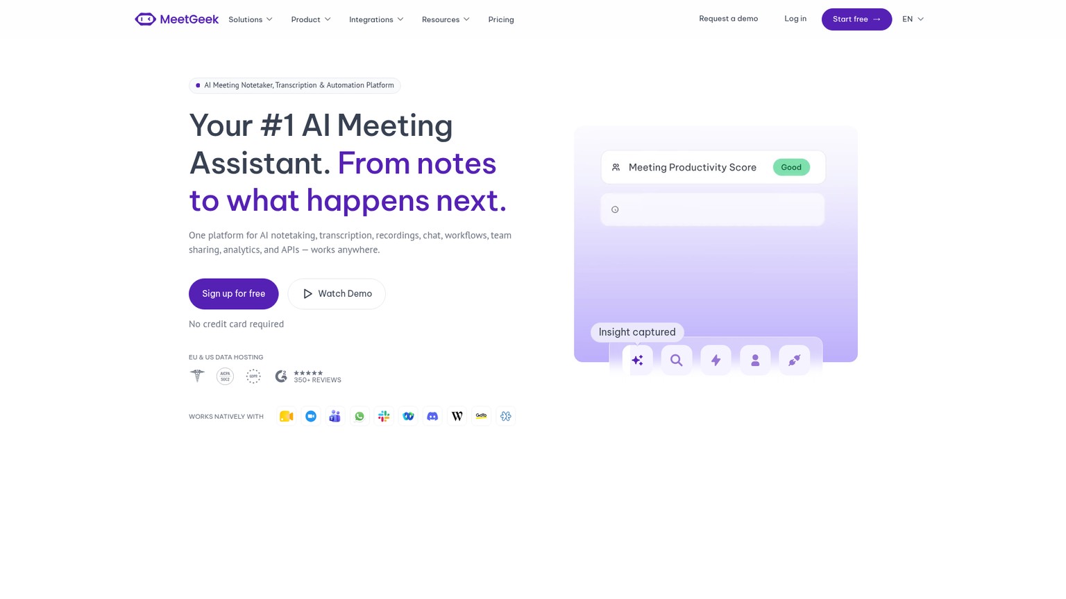 Página do MeetGeek mostrando gravação de reuniões, resumos e automações para equipes