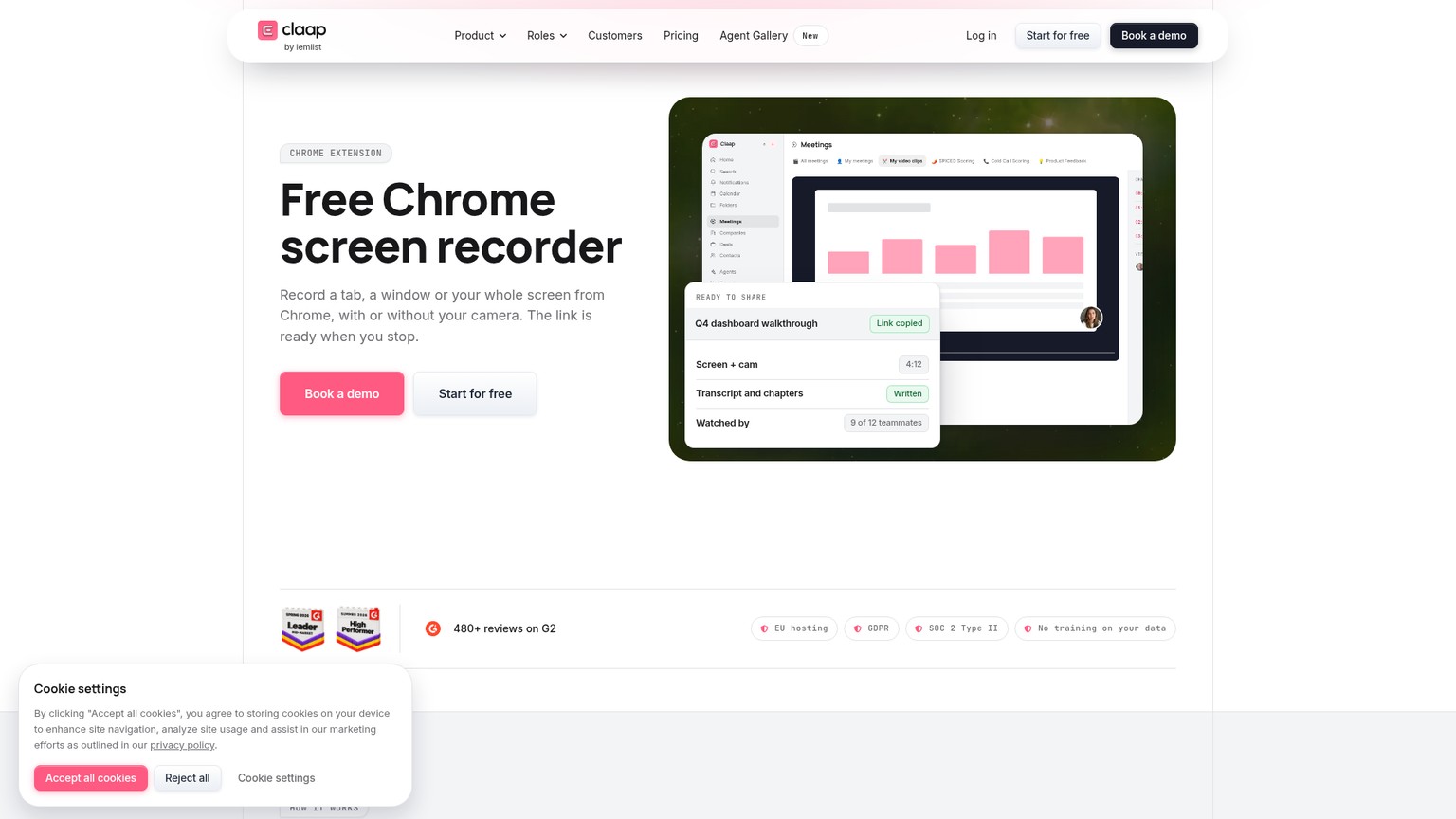 Página do gravador de tela do Claap para Chrome mostrando vídeos assíncronos e colaboração com anotações